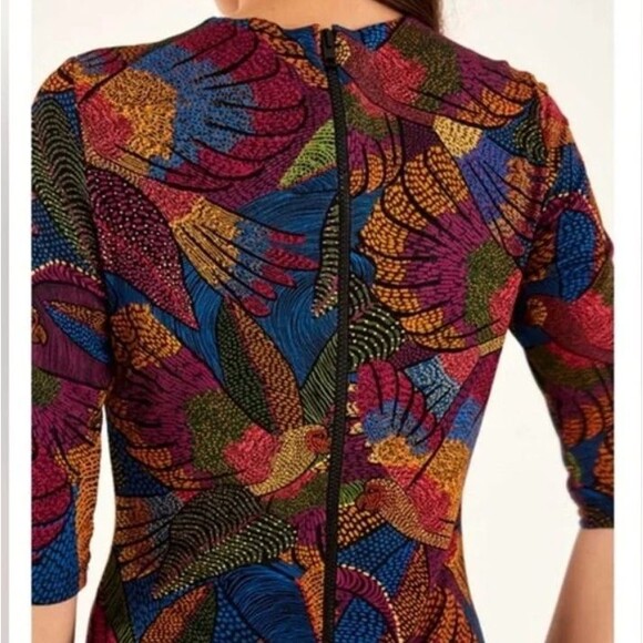 Farm Rio Dress Dotted Macaws Midi 3/4 Sleeve Fitted Jersey Tropical Vacation M - Picture 2 of 14